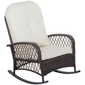 Outdoor Wicker Rocking Chair with Wide Seat and Thick Cushion Cream White Patio Rocker