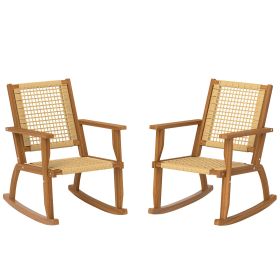 Outdoor Lawn Rocking Chair Set of 2, Acacia Wood Patio Rocking Chairs with Wicker Back and Seat for Garden, Khaki