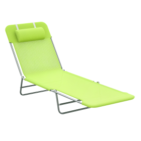Folding Chaise Lounge Chair, Green, Portable, 6-Level Adjustable Back, Pillow Included, Ideal for Patio, Garden, Beach