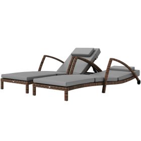 Set of 2 Wicker Chaise Lounge Chair Outdoor Patio Lounger with Adjustable Back, Wheels, Cushion, and Armrests, Gray