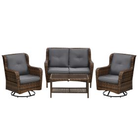 4 Piece Rattan Couch, with 2 Swivel Rocking Chairs, 2-Tier Glass Table and Sofa, All-Weather PE Set for Garden, Patio, Gray