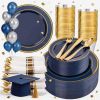 350PCS Navy Blue and Gold Plastic Plates with Rolled Napkins Include Dinner Plate 10'', Dessert Plate 7'', gold Cups 9 OZ