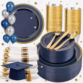 350PCS Navy Blue and Gold Plastic Plates with Rolled Napkins Include Dinner Plate 10'', Dessert Plate 7'', gold Cups 9 OZ