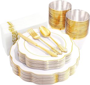 175PCS Gold Plastic Plates with Disposable Silverware - White Gold Plastic Tableware Include 25 Dinner /25 Dessert Plates, 75 Cutlery, 25 Cups