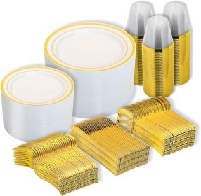600PCS Disposable Plastic Plates, Gold Plastic Dinnerware Set Includes 100 Dinner Plates, Dessert Plate, Cups, Spoons, Forks, Knives for 100 Guests