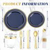350PCS Navy Blue and Gold Plastic Plates with Rolled Napkins Include Dinner Plate 10'', Dessert Plate 7'', gold Cups 9 OZ