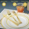 600PCS Disposable Plastic Plates, Gold Plastic Dinnerware Set Includes 100 Dinner Plates, Dessert Plate, Cups, Spoons, Forks, Knives for 100 Guests