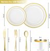600PCS Disposable Plastic Plates, Gold Plastic Dinnerware Set Includes 100 Dinner Plates, Dessert Plate, Cups, Spoons, Forks, Knives for 100 Guests