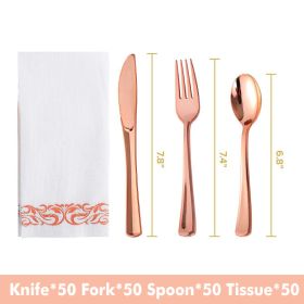 50pcs Gold/Silver Disposable Forks Plastic Tableware Dessert Knives Forks Spoon Cutlery Set Wedding Birthday Party Decor Supply (Color: Rose gold set, Ships From: China)